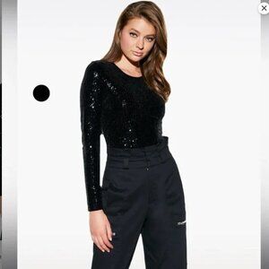 Bardot Womens Black Long Sleeve Sequin Bodysuit Size S One-piece Holidays NWT